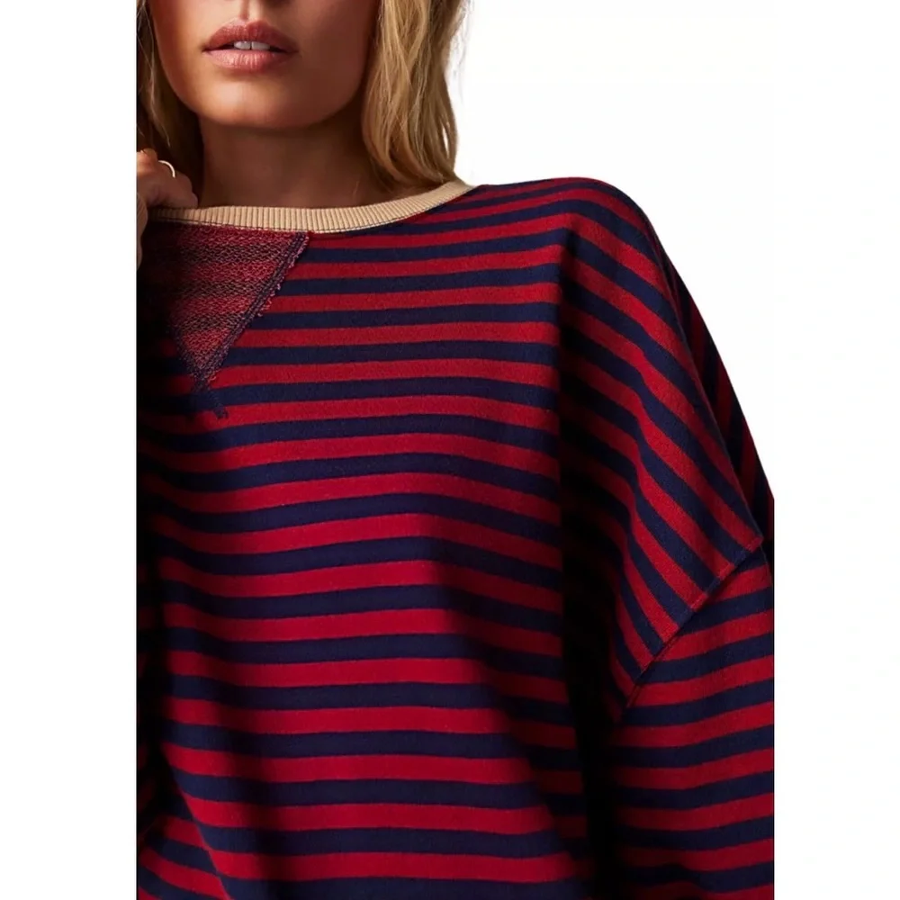 Free People Oversized Striped Pullover Sweatshirt Red Blue Slouchy Cozy Top